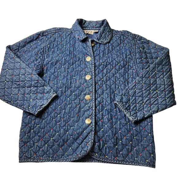 Vintage 90's Keren Hart Quilted Denim Jacket Button-Up W/ Embroidered Dots Sz L - Picture 1 of 9